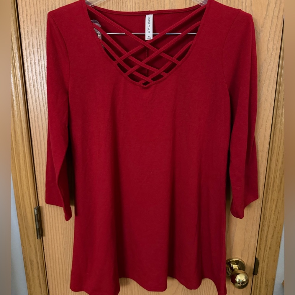 ZENANA Like New Premium Red Knit CrissCross V-Neck Tunic Blouse Top Womens XL
